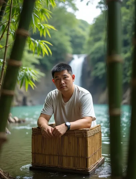 Photography of a 25 year old handsome Asian man with round face and fat body, very short black hair, wear a dull white t-shirt.  man is sitting in a box-shaped bamboo woven toilet, over a clear river , there are rocks ,  man shows part of his body blocked ...