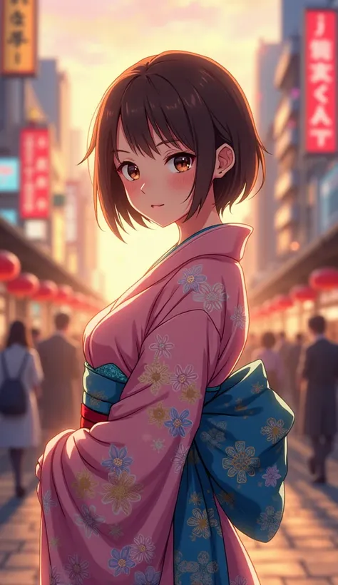 Design a beautiful anime-style fortune girl with short brown hair, wearing an elegant pink and blue kimono. She stands confidently in the bustling streets of Tokyo, surrounded by colorful buildings and a lively crowd of people. The scene is bathed in the w...