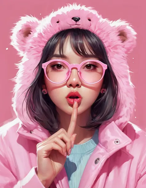  A close up of a person wearing a bear hat and soft pink round glasses wears his index fingers next to his mouth,  she puts her lips as if she were going to kiss ,  on her fingers she wears rings she wears a furry pink coat , earrings with little bears ,  ...