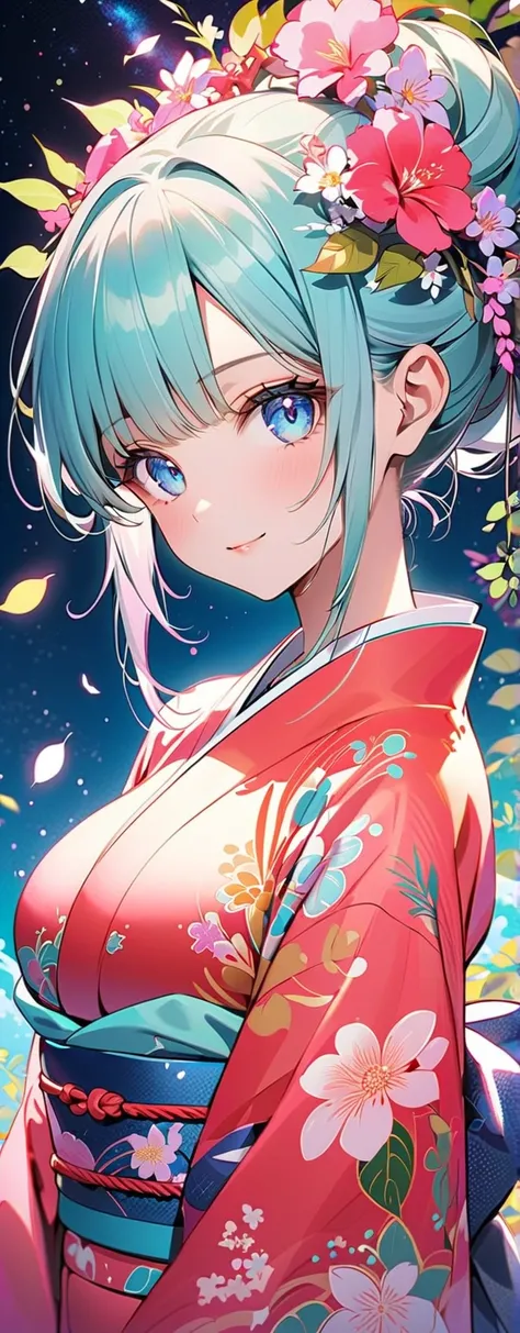 anime,1 girl,Beautifully detailed , light blissful face, kawaii(Hair up style), galaxy background, (blue eyes) (looking at the viewer) (big breasts) (anime"A person wearing a traditional kimono with intricate floral patterns, surrounded by vibrant flowers ...