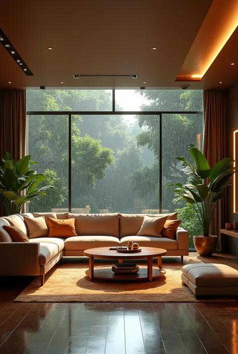 An beautiful interior design of living room. With complete furniture.  tropical concept. Brown mix gold paint. Huge glass window. Raining view. UHD. Realism. Reflection Light, Soft Lighting, Art Deco, Wide-Angle, 