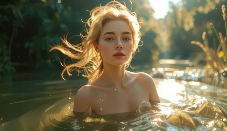 beautiful woman, 28 years old, nude full body, blonde hair, slender figure, swimming in a stream, primeval forest background, realistic, (best quality,4k,8k,highres,masterpiece:1.2),ultra-detailed,(realistic,photorealistic,photo-realistic:1.37),HDR,UHD,stu...