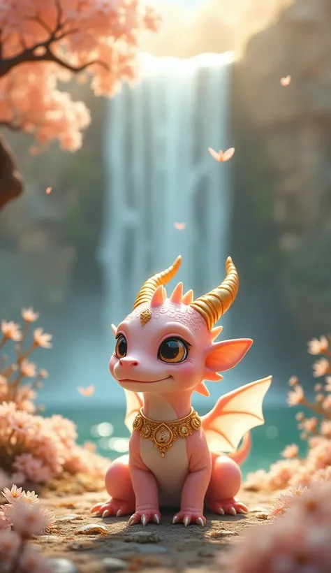  imaginary　waterfall　Gold Tree 　White leaves　 wearing a gold ornament　A cute pale pink dragon　 Gold Horns　wing