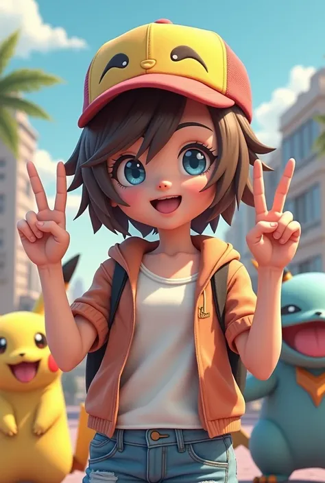  Gajz short brown hair , female, dick, 3D image, Pokémon hat , peace sign,  Pikachu and other Pokémon in the background,  blue eyes , Hair like a boy , Short hair ,  and skater clothes
