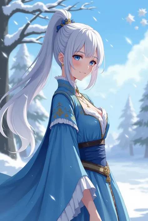 Japanese style anime, noble teenager, with blue as a glacial eyes, and white ponytail hair, wearing a party medieval clothes, in a winter scenary  Full body