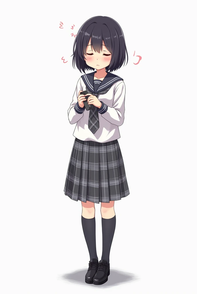 Teenage woman with black and short hair and with white anime watch and pink nails with white long-sleeved shirt and plaid Scottish tie in dark gray and white and pleated plaid skirt in combination of dark gray and white colors, following a uniform pattern ...