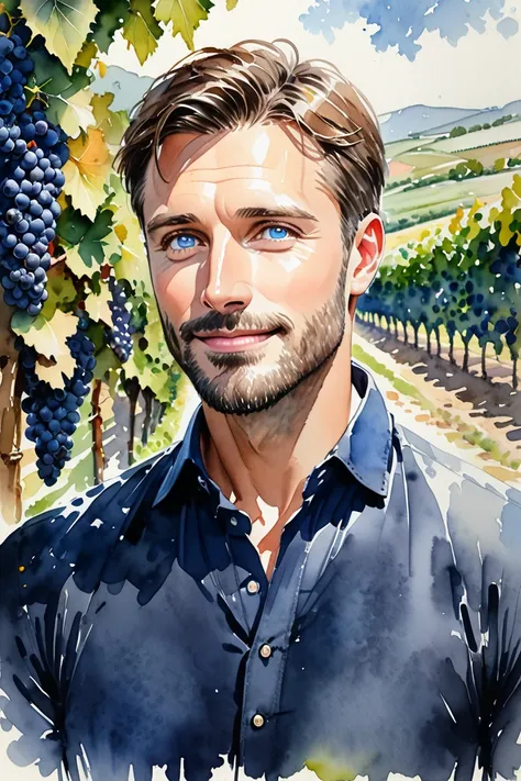 1man, high quality, highly detailed, (vineyard), (grapes), ((watercolor)), Illustrate a close up scene of a handsome European man in his thirties, set in a Vineyard in Italy. He is standing amid the vines with grapes, and smiling. man, short hair, looking ...