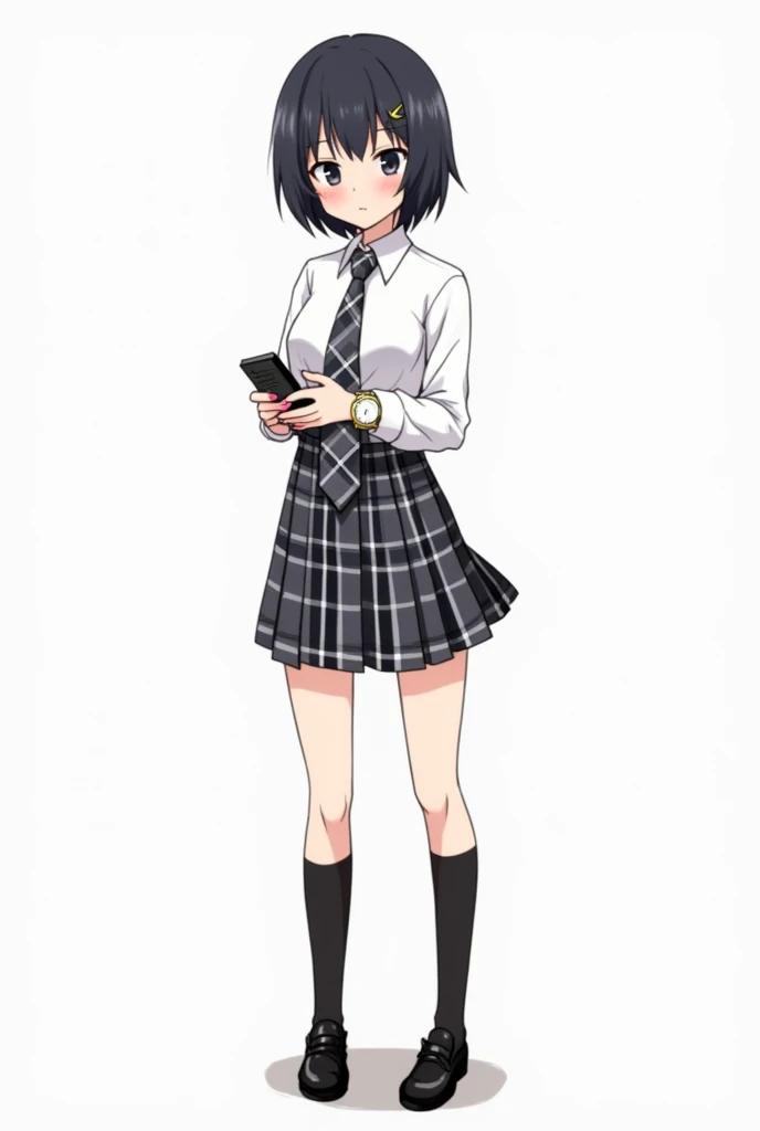 Teenage woman with black and short hair and with white anime watch and pink nails with white long-sleeved shirt and plaid Scottish tie in dark gray and white and pleated plaid skirt in combination of dark gray and white colors, following a uniform pattern ...