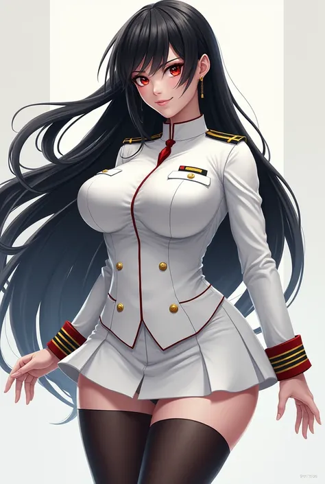 red eyes, white marine uniform, white short skirt, black stockings, long black haired, big chested, smirking,  mother-like