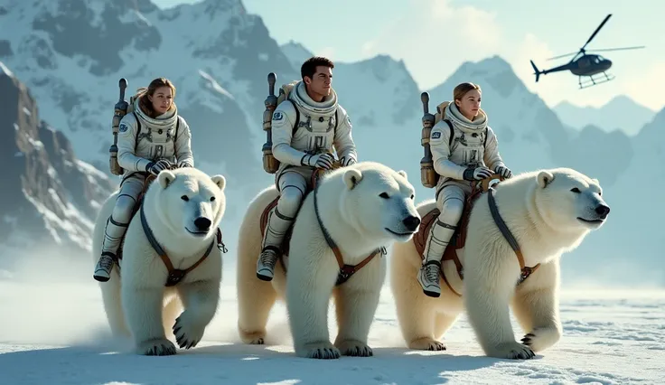 Tom Cruise in an open spacesuit and a girl and a girl in an open spacesuit ride polar bears, against the background of a helicopter and snowy mountains 