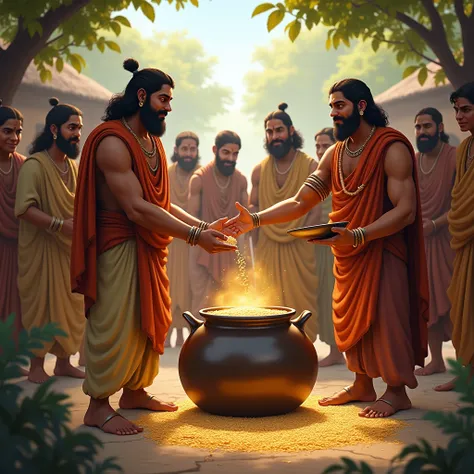 "A group of villagers standing together, watching Raghu distribute grains from the magical pot. Their expressions show gratitude and admiration as they observe his selflessness."