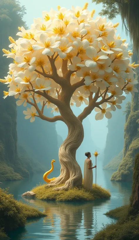  imaginary　river　Gold Tree 　White leaves　Golden Flowers　 wearing a gold ornament　Light blue is cute　Snake　