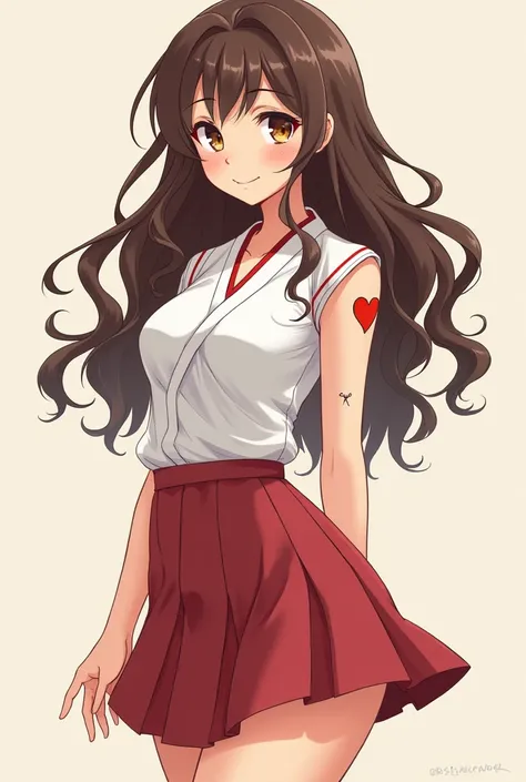 young woman cartoon heart 、 brown hair、 medium length wave 、 Brown Eyes 、 elongated heart tattoo、 Big Breasts 、Japanese Uniform 