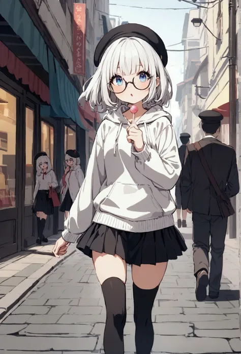 cute long white hair girl, blue eyes take a lollipop, wearing glasses white hoodie, long black skirt, thigh high socks, beret hat, walking on street with cute expression on face
