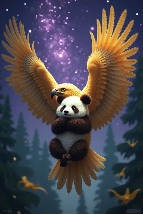 Une petite femelle panda, aux yeux vert. Elle est enlacée par les ailes dun grand aigle doré. La forêt les entourent. Le ciel est étoilé avec la voix lactée violette. 