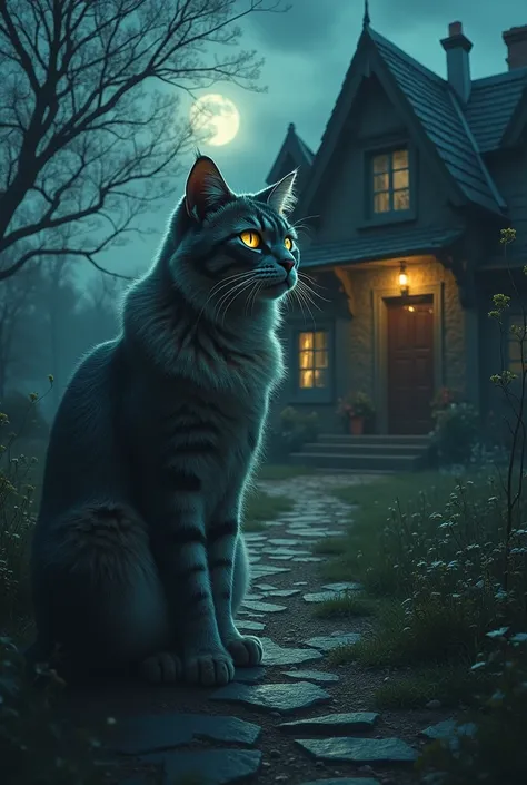 The cat outside the house ,  protects the house from evil spirits ,  who are trying to get inside the house, 4K