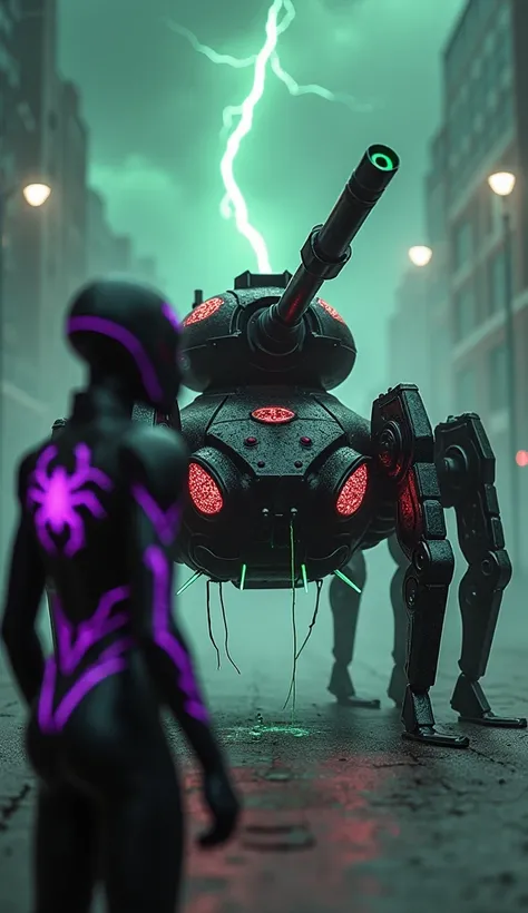 A futuristic tank inspired by a venomous spider, its front design featuring a black, glossy carapace adorned with glowing red spider-eye motifs. Mechanical legs protrude from the sides, adding a sense of eerie, insect-like movement. The turret holds a webb...