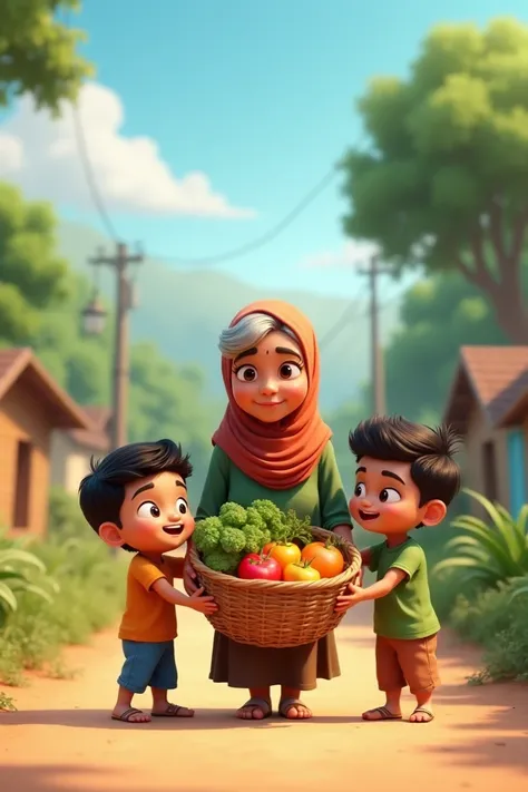 Little Alisha and litera Ibrahim or helping the elderly women carry the heavy basket of vegetables little Ayesha holds one side the basket and little Ibrahim hold the other side the old woman looks live and grateful smiling at them they are walking along o...