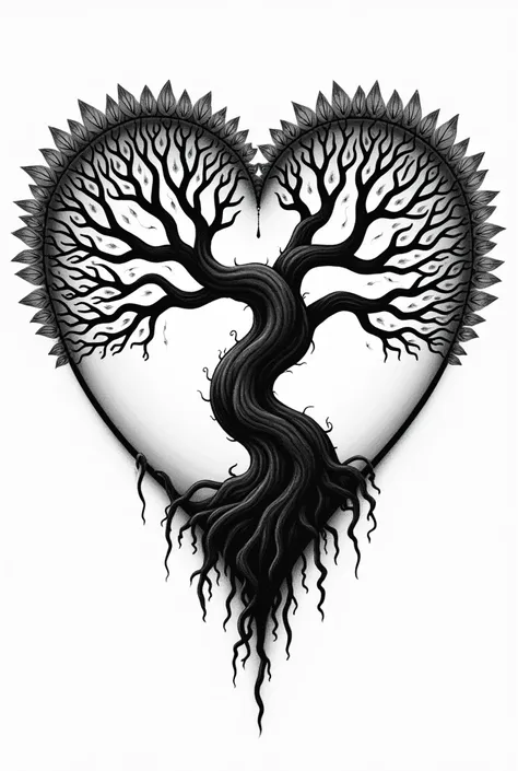 Make me a tree of life ready to tattoo in the shape of a heart in black and white with a bit of detail 