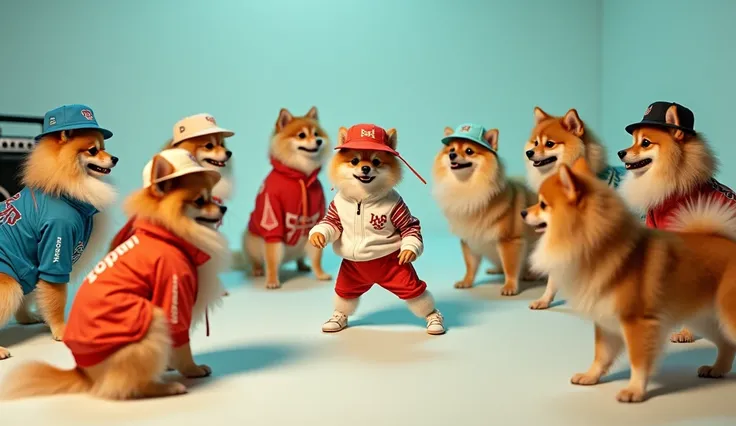 Pomeranian dogs wear gear and bucket hats from famous sports manufacturers、 s breakdancing in front of them forming a circle 、 Surreal Photos 。Theres a boom box in the corner 。