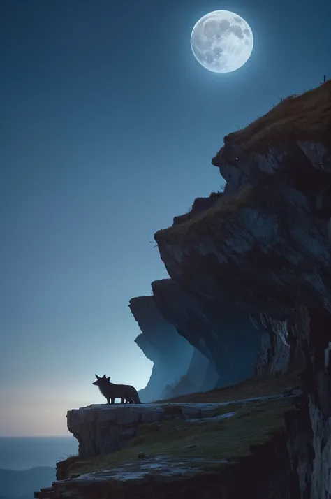 A wolf howling on a cliff in the moonlight