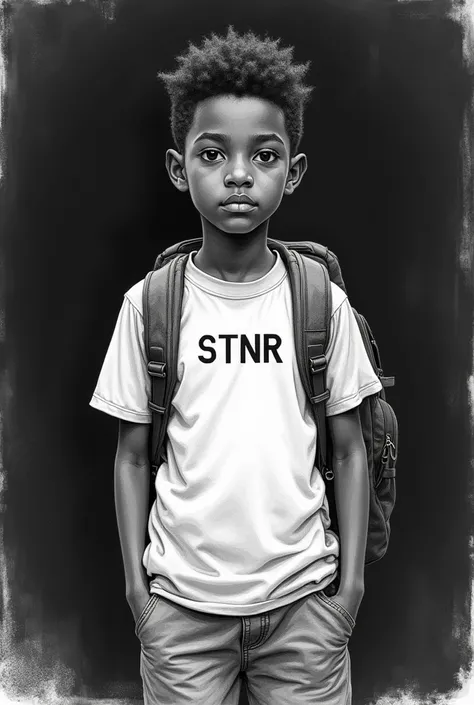 Freehand pencil drawing of a black boy wearing t shirt Written STXNR on it and wearing a backpack on his back standing in a dark background 