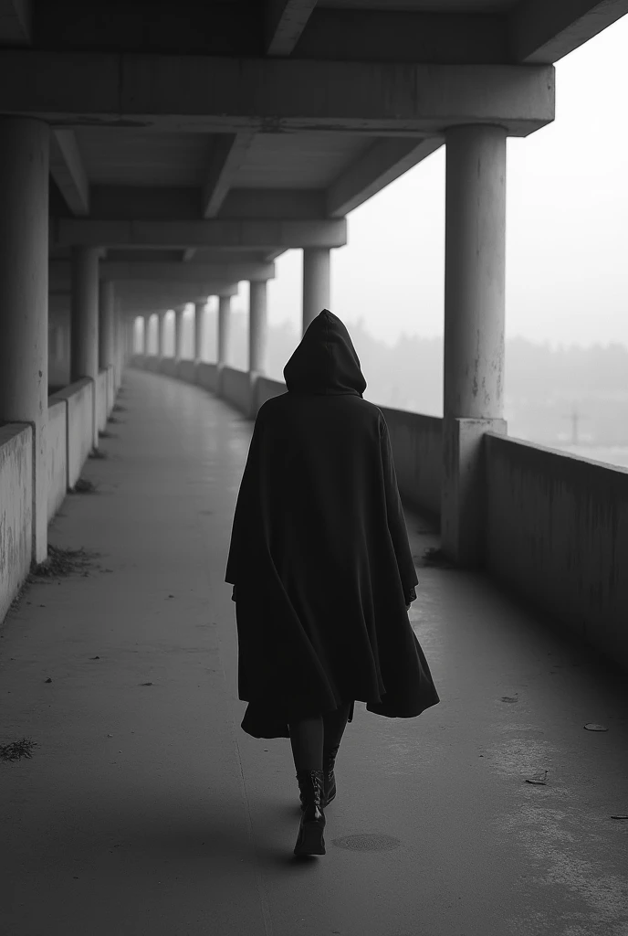 Black and white photo of a woman walking behind the camera, wearing a hood, walking on an overpass.