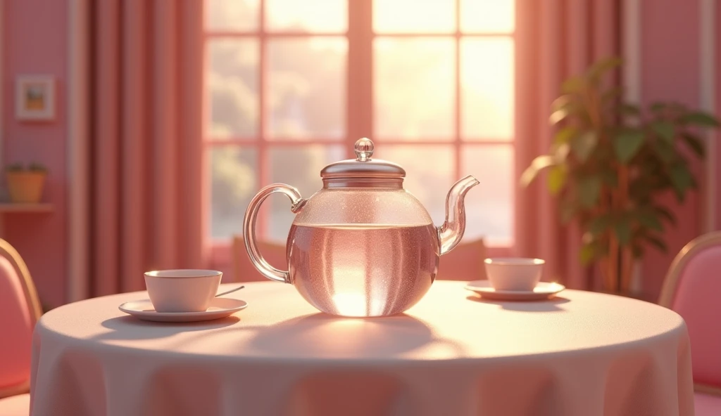 in 3 D animation image,  dining table atmosphere inside the house with pink walls, looks like a teapot made of glass filled with water 