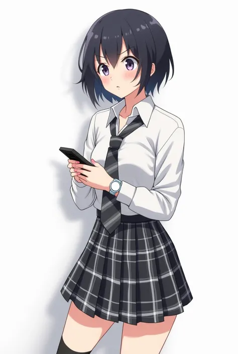 Teenage woman with black and short hair and with white anime watch and pink nails with white long-sleeved shirt and plaid Scottish tie in dark gray and white and pleated plaid skirt in combination of dark gray and white colors, following a uniform pattern ...