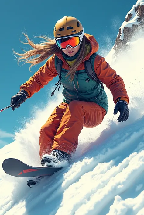  Long-haired Female Snowboarder Wearing Ski Wear Wearing Helmet and Snow Goggles，  Action Sports ,  has a steep , eye-catching detailed art style, Old Japanese Anime Style ， Amazing Art Style ,  amazing digital illustration,  winter concept art ,   beautif...