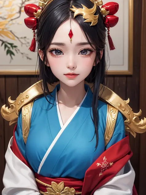 masterpiece， best quality，8k， Detailed skin texture ， detailed cloth texture，Beautifully detailed face， complex details， super detailed，Rei Ayanamiの肖像， black hair，Red colored eyes， black headgear on the head,Pixieカット，Shining Skin Hair Ornaments, gold hair ...