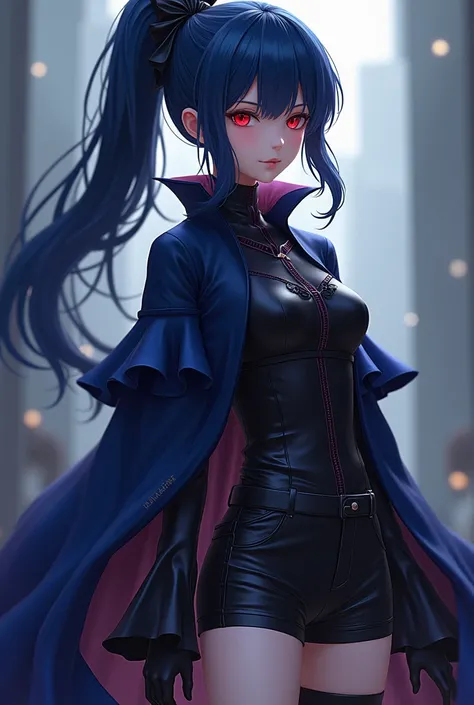 A red-eyed anime guy with direct red eyes represents indigo hair tied long with a black ribbon  , , a light black young woman wearing all the beautiful and wonderful black and indigo fantasy clothes, such as noble clothes such as jelly jeans that are short...