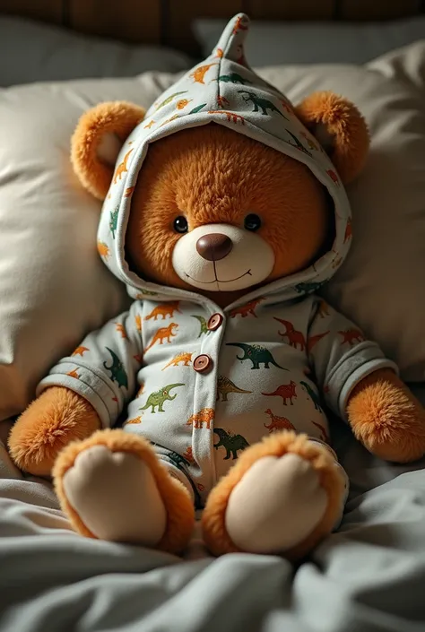 Ted bear in dinosaur pajamas sleeping