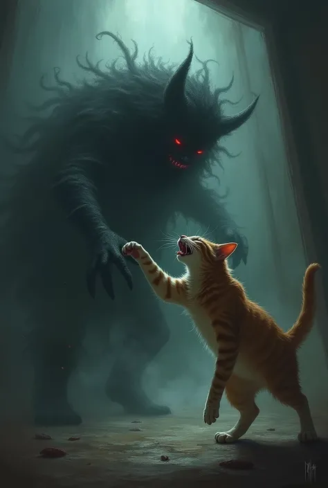 The cat hisses at the evil spirit and drives him away