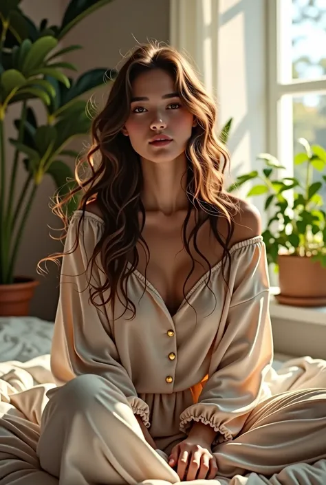 (photorealism:1.2), beautiful woman, sitting on bed, wearing loose off-shoulder top, pajama pants, long curly hair, indoors, soft lighting, plants in background, window with sunlight, cozy room, relaxed pose, realistic, intricate details, warm colors, by G...