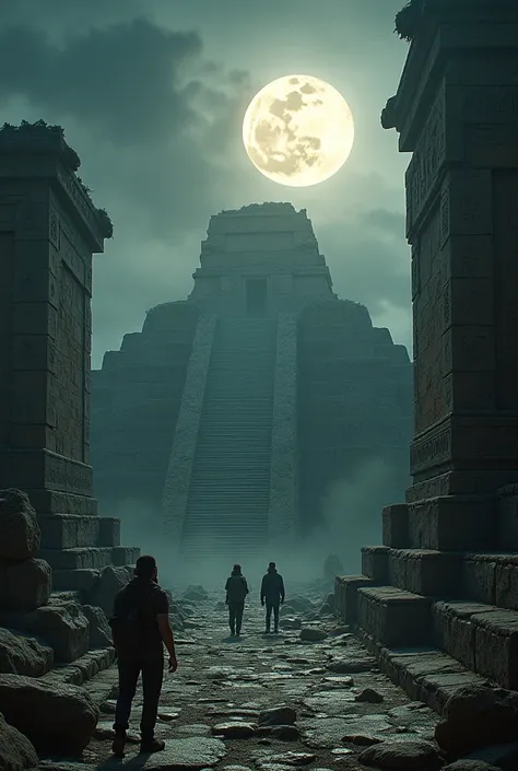 Realistic, theme is "ruins of an ancient city", ruins of Aztec civilization, modern people are frightened when they encounter Aztec civilization, depicting the power of the power that creates darkness, that the moon is a god greater than the sun god, sophi...