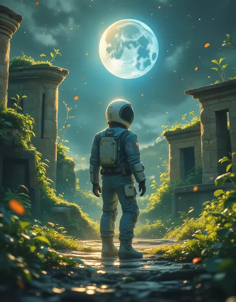 (masterpiece:1.2,  is the best quality,  ultra-high resolution,  Very Detailed , Best Illustration),Moon，Ancient City Ruins，astronaut