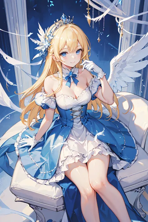 A modern style bedroom ，A charming blonde angel is sitting in a bedroom chair and playing with a smartphone， Her long hair is adorned with delicate hair accessories ，She has bright blue eyes and a bright smile 。 She is wearing a blue and white off-the-shou...