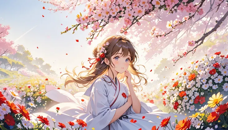  best quality, cute girl,Surrounded by flowers, Calm Morning 