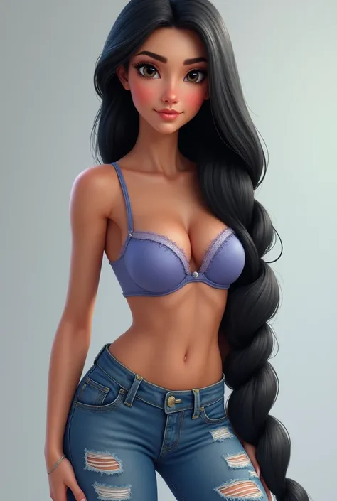      detailed realistic portrait of Rapunzel , beautiful lips,  very detailed face and skin ,very detailed   ,       Photorealistic    ,   ripped skinny jeans  , The bra is blue ,panties are slightly visible at the waist Disney Art ,     stands full length...