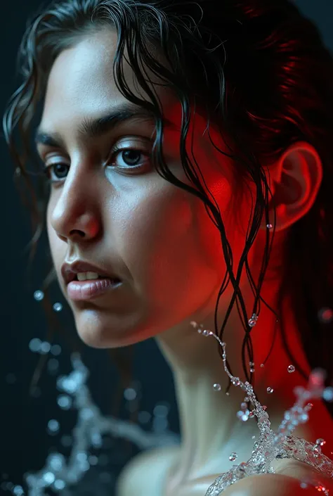    digital black red photo realistic portrait face art k, maximum screen (Side view)Beautiful lips, slightly open mouth, bright blue eyes, a young woman&#39;s face with wet hair, shaking the wet hair, water splashing freely and beautifully.