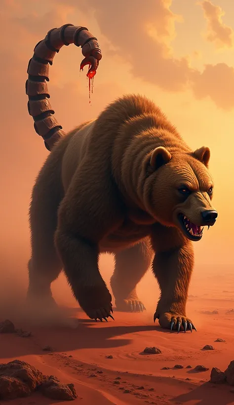 "Design a hybrid that merges the brute strength of a bear with the venomous sting of a scorpion. Its body is muscular and bear-like, but its tail curves into a deadly stinger. Depict it stalking through a red desert at dusk, bear body features change into ...