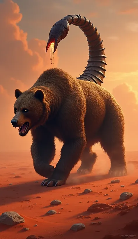 "Design a hybrid that merges the brute strength of a bear with the venomous sting of a scorpion. Its body is muscular and bear-like, but its tail curves into a deadly stinger. Depict it stalking through a red desert at dusk, bear body features change into ...