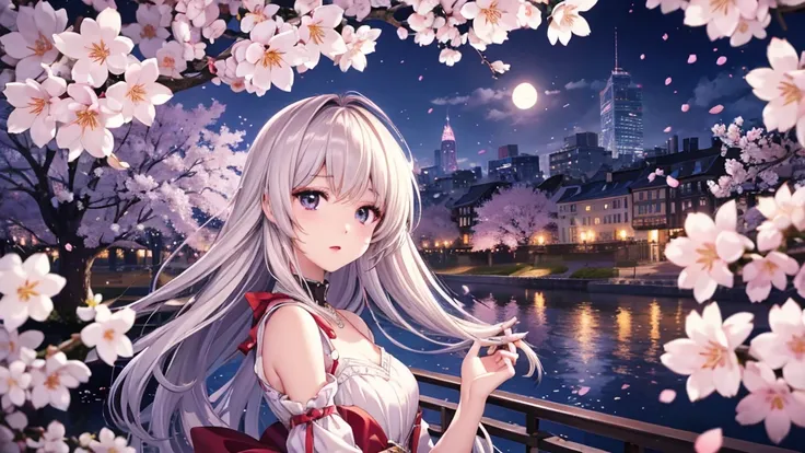 Anime Style,  moonlight, City lights, Cherry blossom petals,    Fight against dramatic compositions  ,   emotional scene  ,  High image quality
Add keywords  ：Teary-eyed, Delicate expression,  Fragile Girl Who Sings in the Night Town ,  Transparent atmosph...