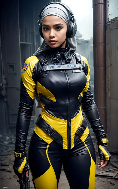 RAW, (Best quality, high resolution, work: 1.3), perfect lighting, 8k, Beautiful Malay woman in hijab, perfect fit body, ((wearing racing suit likes police uniform, black and grey mecha, wearing high-tech headset, military harness, cloths colored base on b...