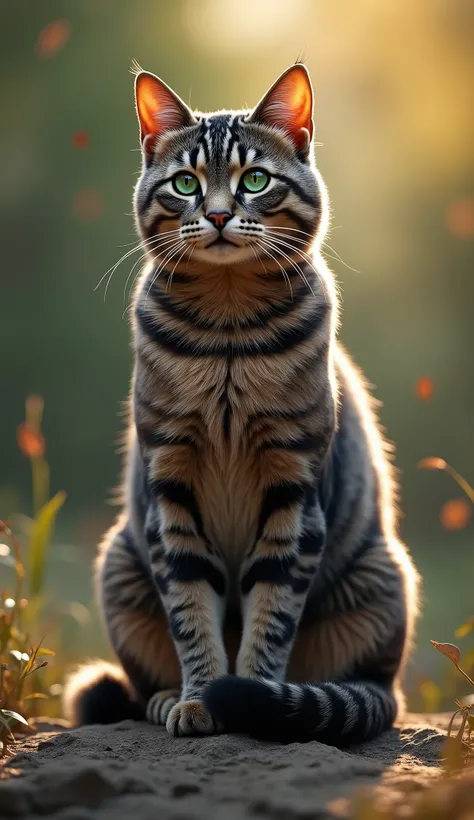 Create a highly realistic image of a tall and strong adult grey tabby cat, exuding an air of majesty and pride. The cat should have a sleek, muscular build, with distinct tabby markings that highlight its powerful physique. Its fur should be a rich grey wi...