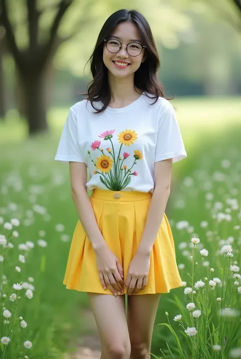  long shot photography full body a beautiful asian woman ,wears  white color t-shirt  With pictures of flowers, wearing glasses, wearing yellow short pleated skirt , wears white Jordan sneakers ,Smiling face,background Green meadows, with trees with light ...