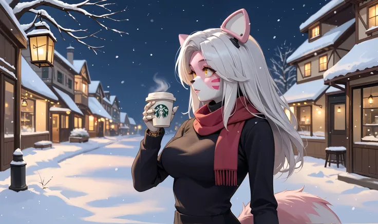 score_9,score_8_up, score_8, source_anime, source_anime, mangleFNIA,1girl,solo,long hair,large breasts,bow,animal ears,tail,yellow eyes,white hair,topless,furry,furry female,robot girl,white fur,bow,tail,robot joints,pink fur,black warm stockings, black sw...
