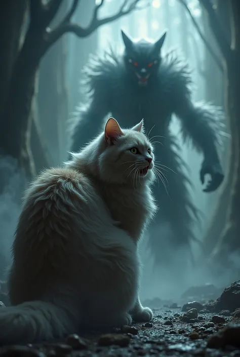 A beautiful fluffy cat with a curved back hisses at an evil spirit and drives him away