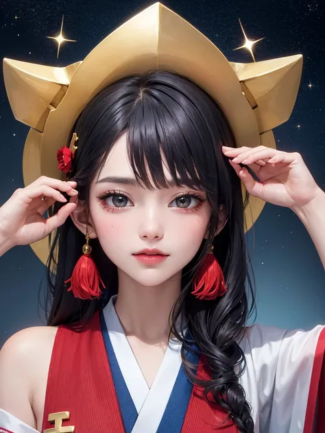 masterpiece， best quality，8k， detailed skin texture， detailed cloth texture，Beautifully detailed face， complex details， super detailed，Rei Ayanamiの肖像， black hair，Red colored eyes， black headgear on the head,Pixieカット，Shining Skin Hair Ornaments, gold hair o...